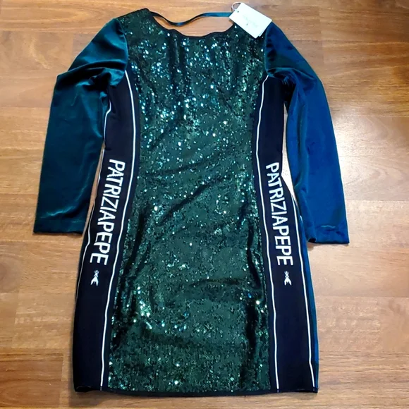 Patrizia Pepe green velvet sequin open back mini midi dress long sleeves  Small_6
